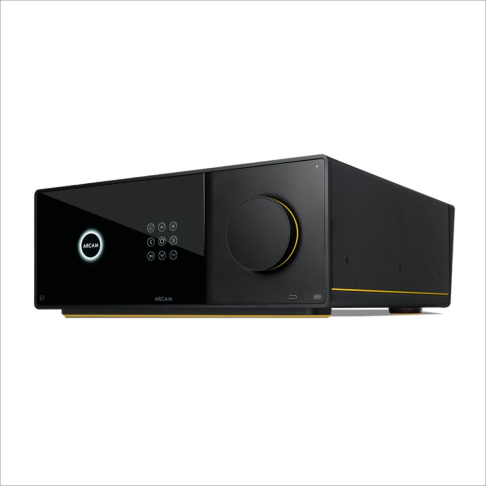 Angled side view of the Arcam AVA15 AV receiver, showcasing the modern chassis design, clean lines, and precise build quality of the Radia series.