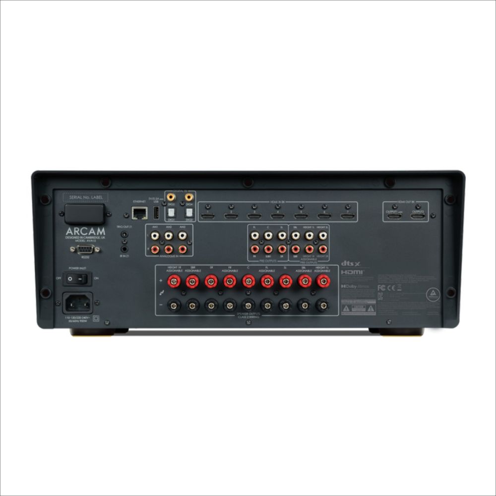 Rear view of the Arcam AVA15 AV amplifier showing the detailed connection panel, seven HDMI 2.1 inputs, and solid speaker terminals for 9-channel Class D systems.
