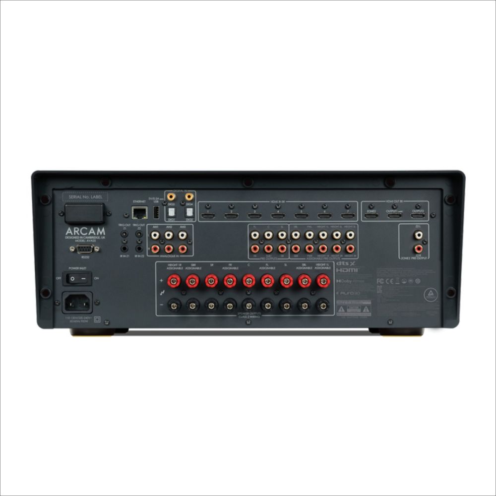 Rear view of the Arcam AVA25 AV amplifier showing the detailed connection panel, seven HDMI 2.1 inputs, three HDMI outputs, and solid speaker terminals for 9-channel Class AB systems.