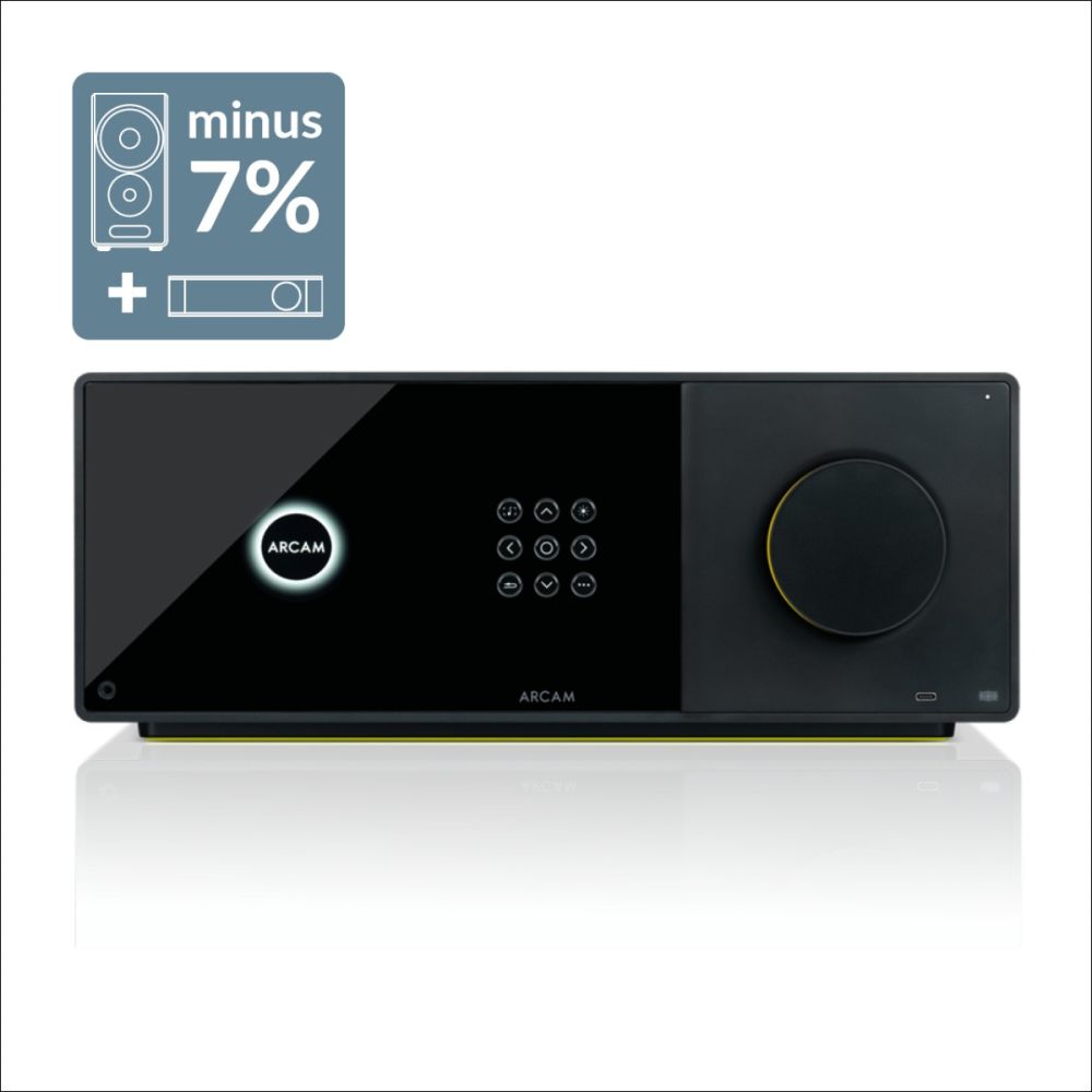 Front view of the Arcam AVA35 AV amplifier featuring a high-resolution 6.5-inch color display and a clean control panel for modern, high-performance home theater setups.