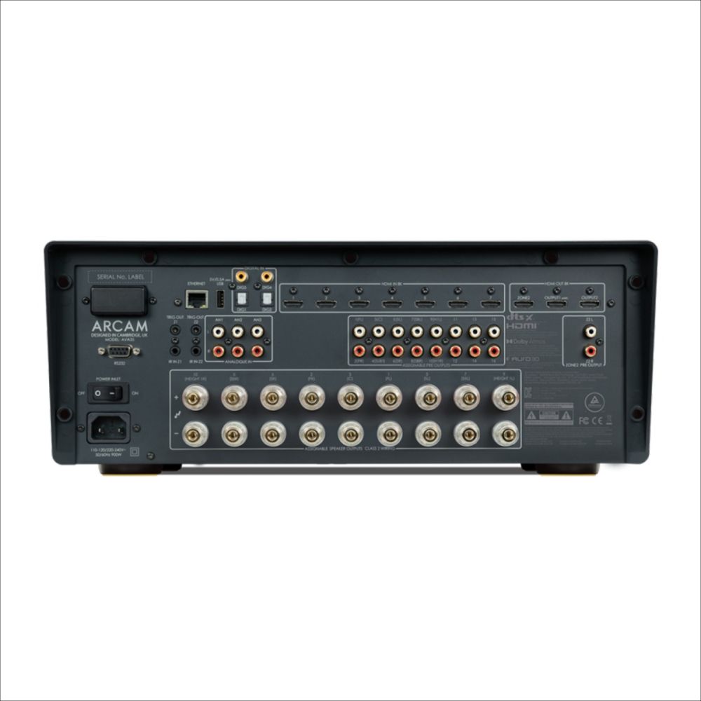 Rear view of the Arcam AVA35 AV amplifier showing the detailed connection panel, seven HDMI 2.1 inputs, and solid speaker terminals for 9-channel Class G systems with matrix channel assignment.