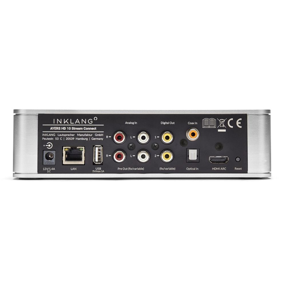 Schlussoptionen für den Wireless Streamer HD 10 Stream Connect von INKLANG: 2 x digital in, 1 x analog in, 1 x HDMI Audio Return (ARC), USB-Datenträger und Bluetooth.