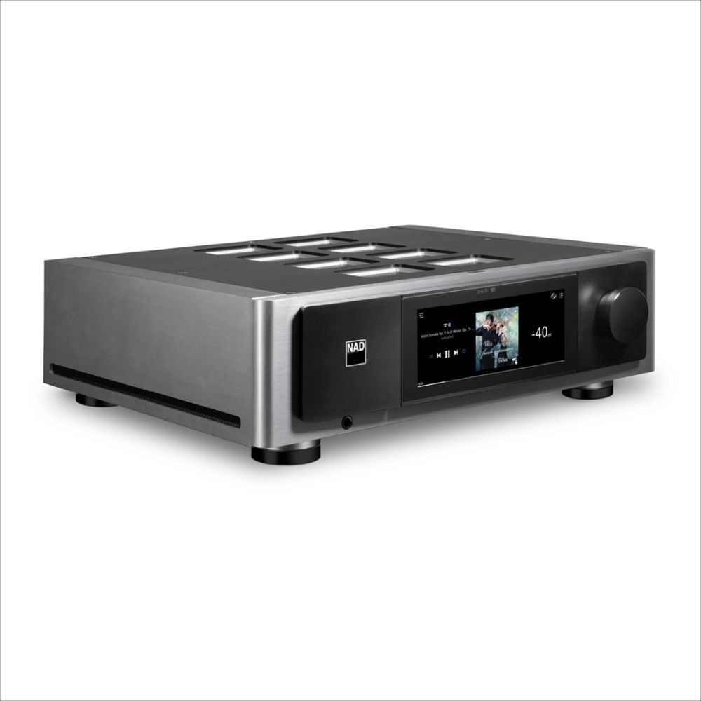 NAD M66 Streaming-Vorverstärker Seitenansicht mit hochauflösendem Touchscreen